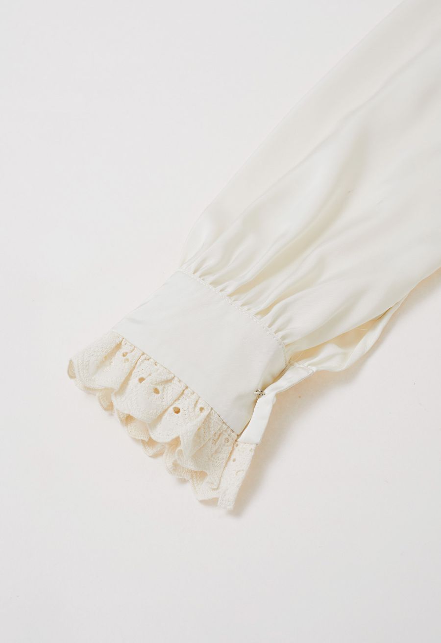 Sophisticated Eyelet Trim Bowknot Satin Shirt