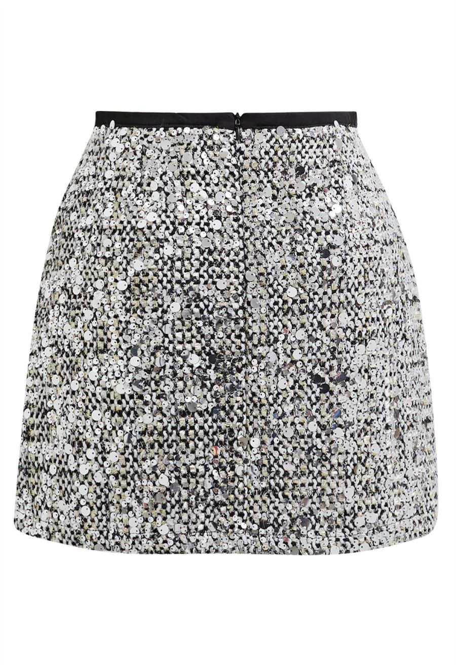 Silver Sequin Embellishment Tweed Mini Skirt