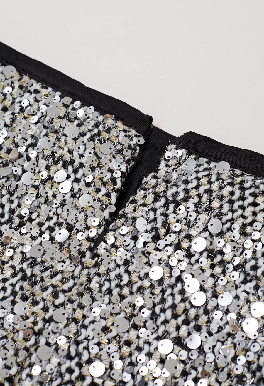 Silver Sequin Embellishment Tweed Mini Skirt