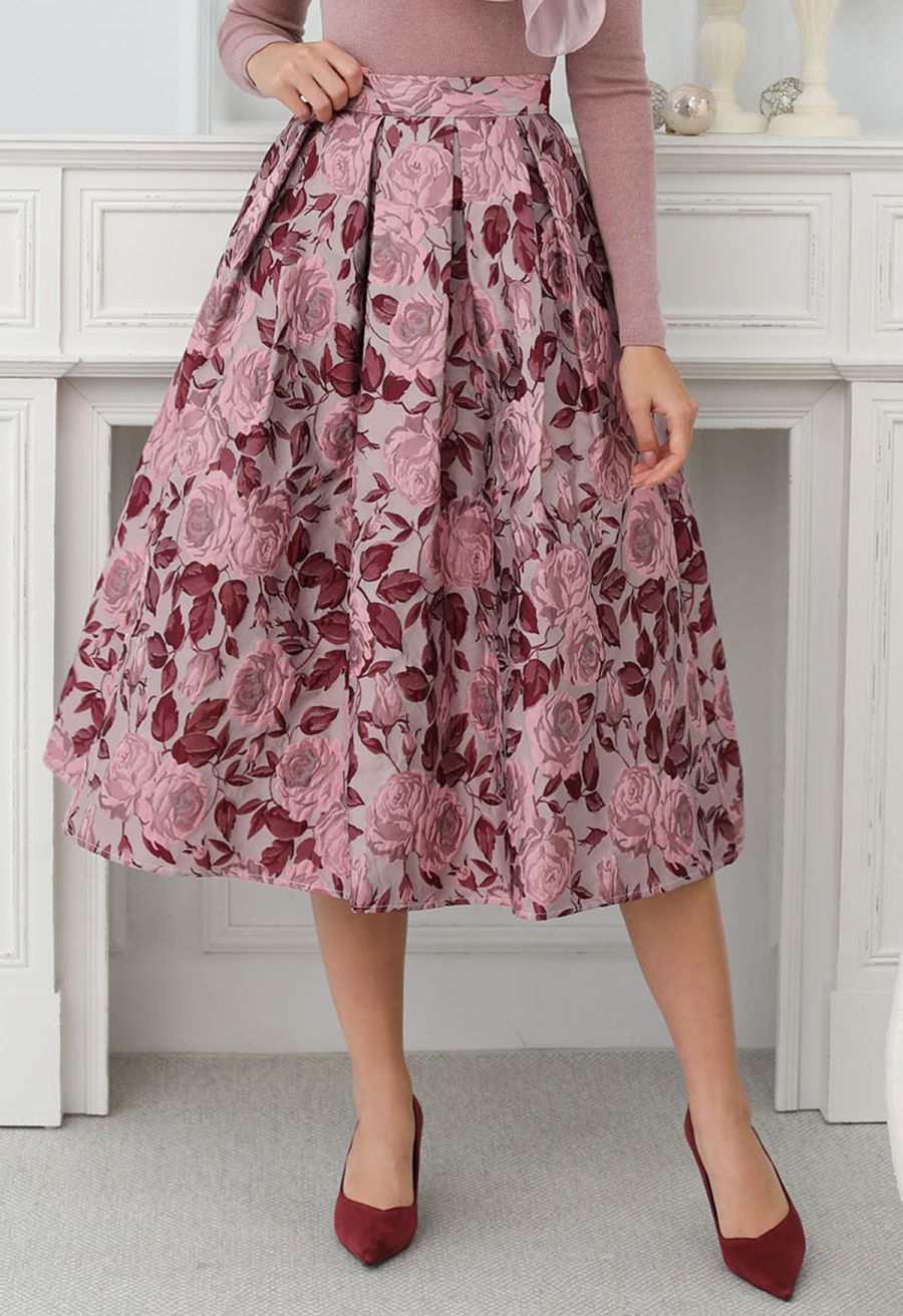Enchanted Pink Rose Jacquard Pleated Midi Skirt