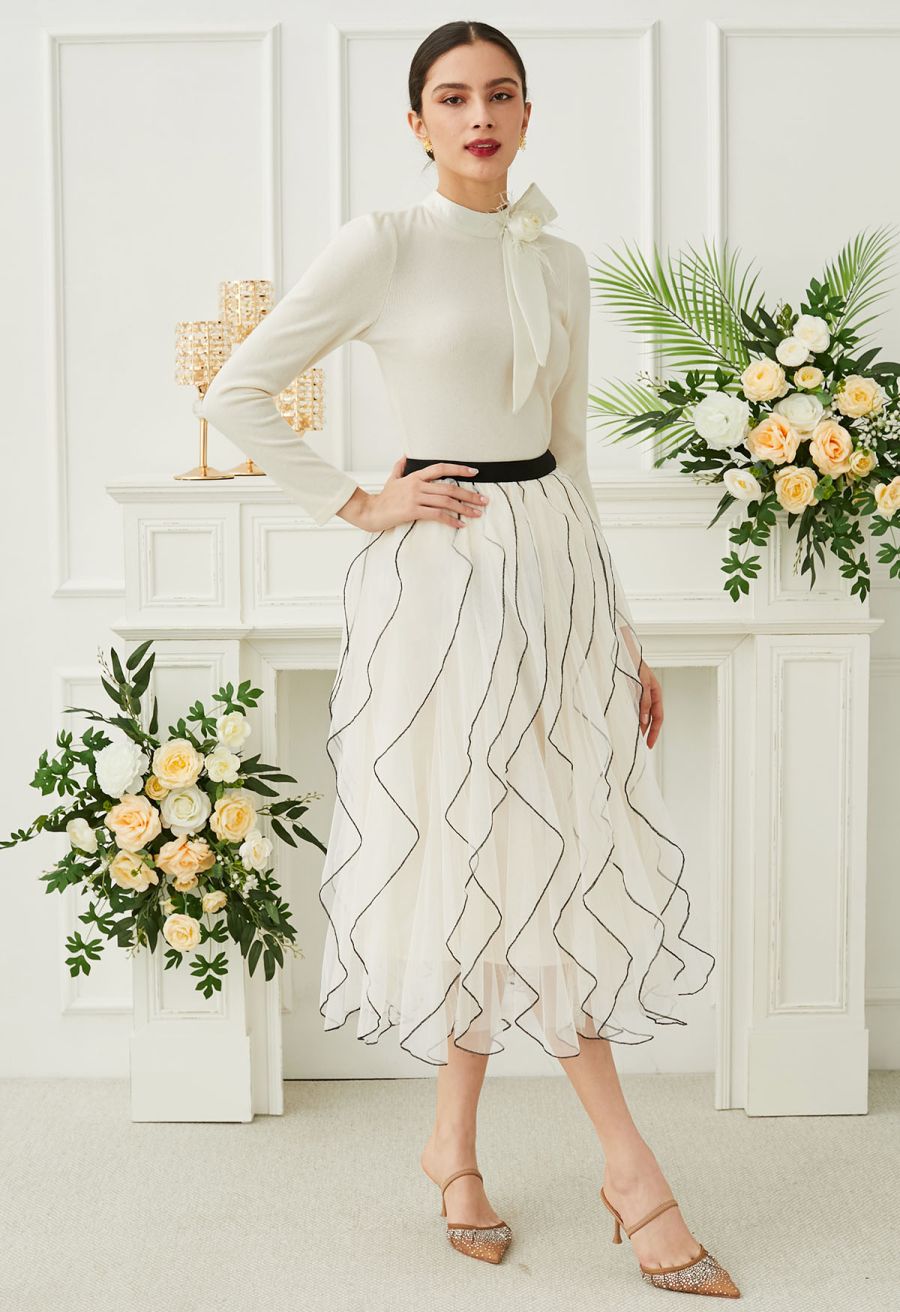 Rippling Attraction Panelled Mesh Tulle Skirt in Cream