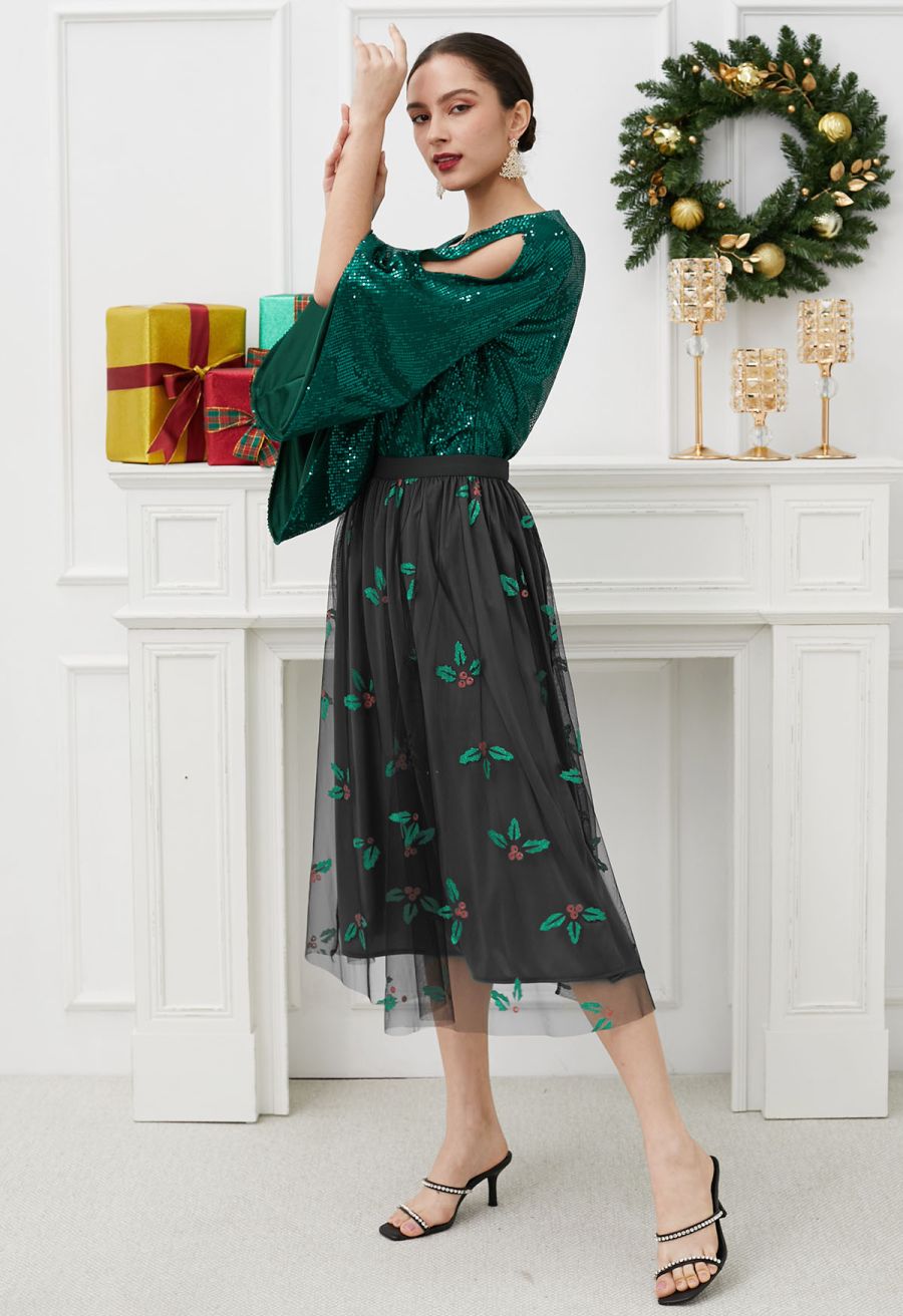 Joyful Holly Mesh Tulle Midi Skirt in Black