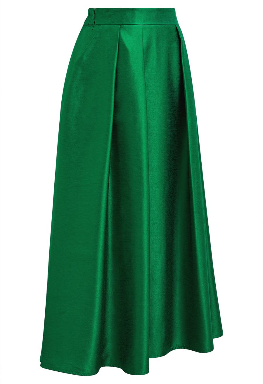 Sleek Side Pockets Pleated A-Line Midi Skirt in Green