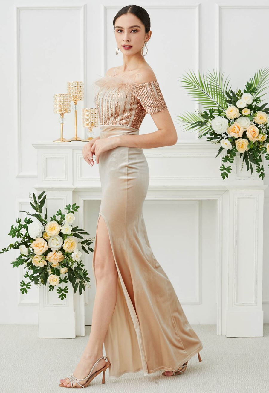 Off-Shoulder Feather Sequin High Slit Gown in Nude Pink