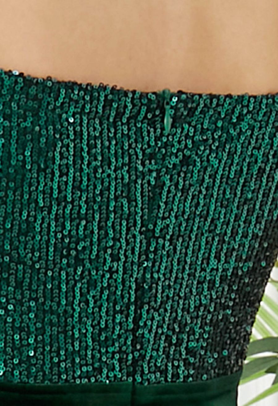 Off-Shoulder Feather Sequin High Slit Gown in Emerald
