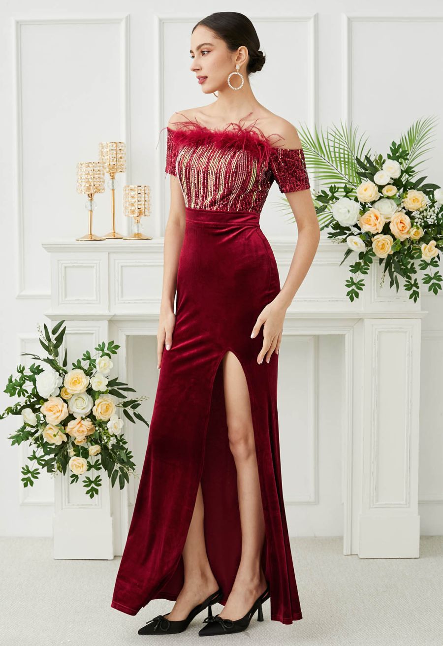 Off-Shoulder Feather Sequin High Slit Gown in Red