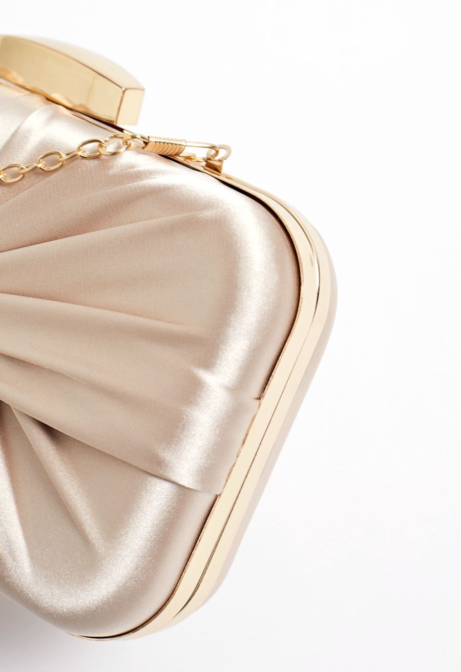 Ruched Knotted Satin Clutch in Champagne