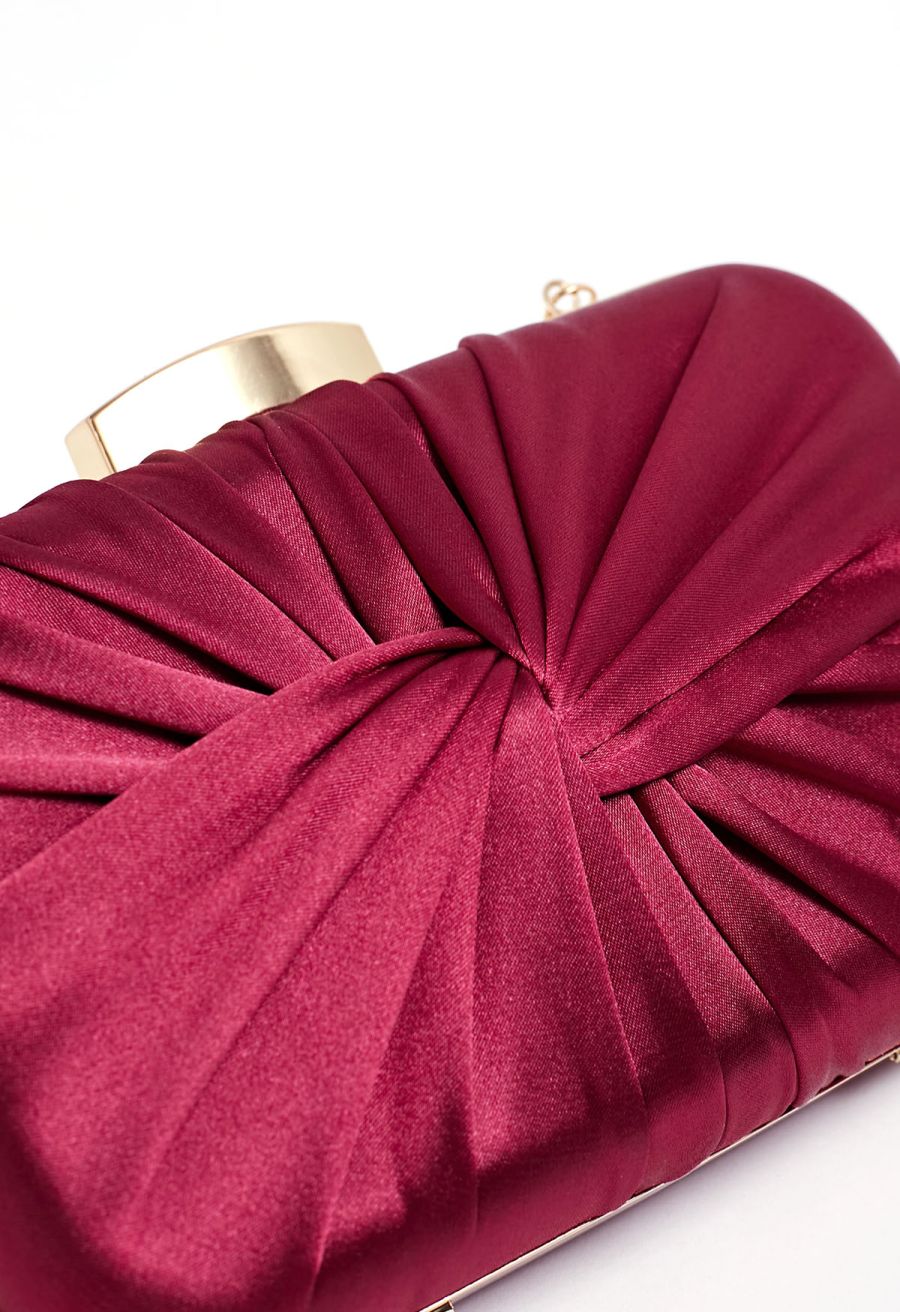 Ruched Knotted Satin Clutch in Burgundy