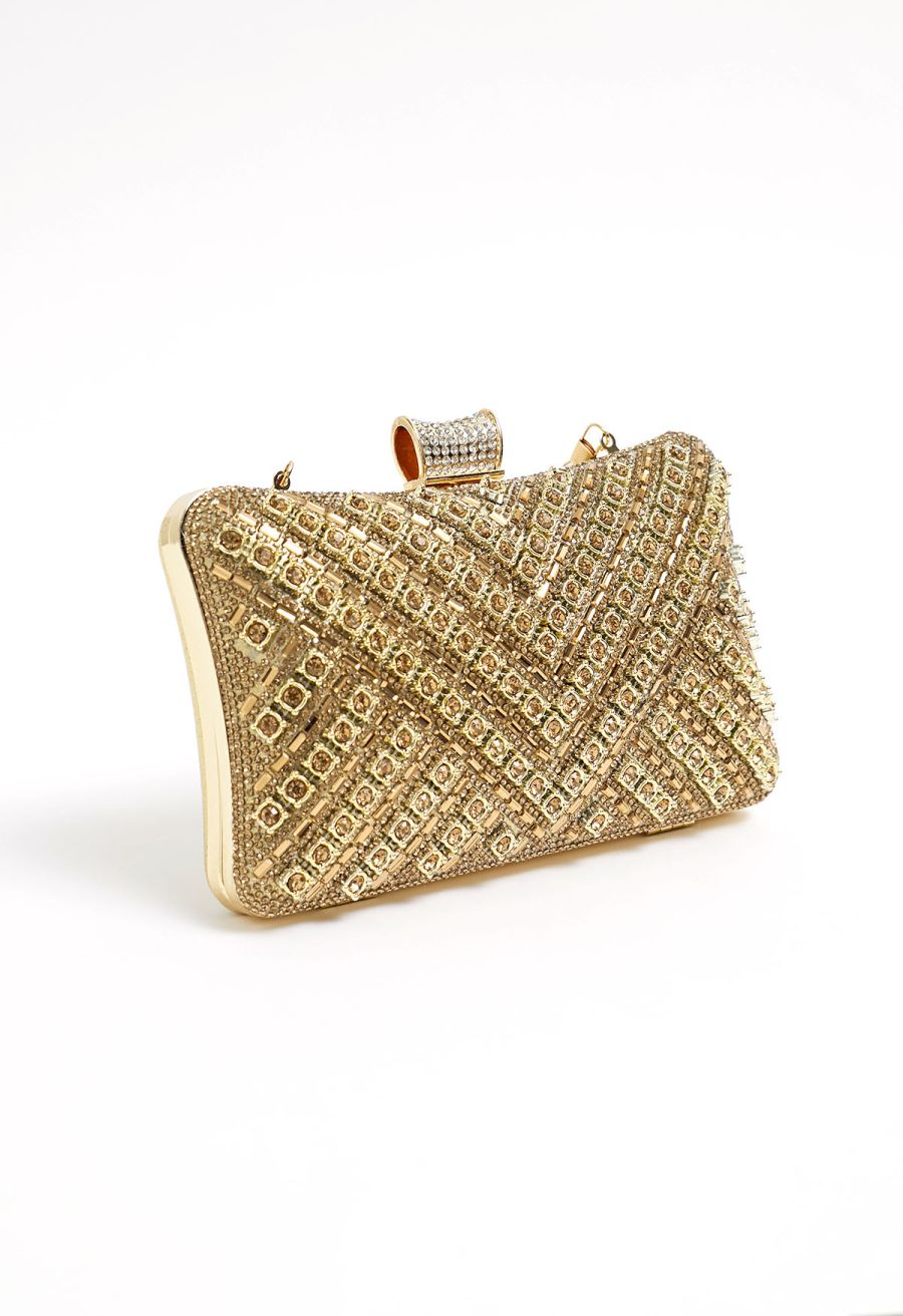 Fancy Rhinestone Overlay Clutch in Champagne