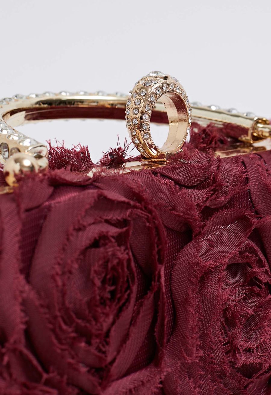 Opulent Rose Rhinestone Handle Clutch in Burgundy