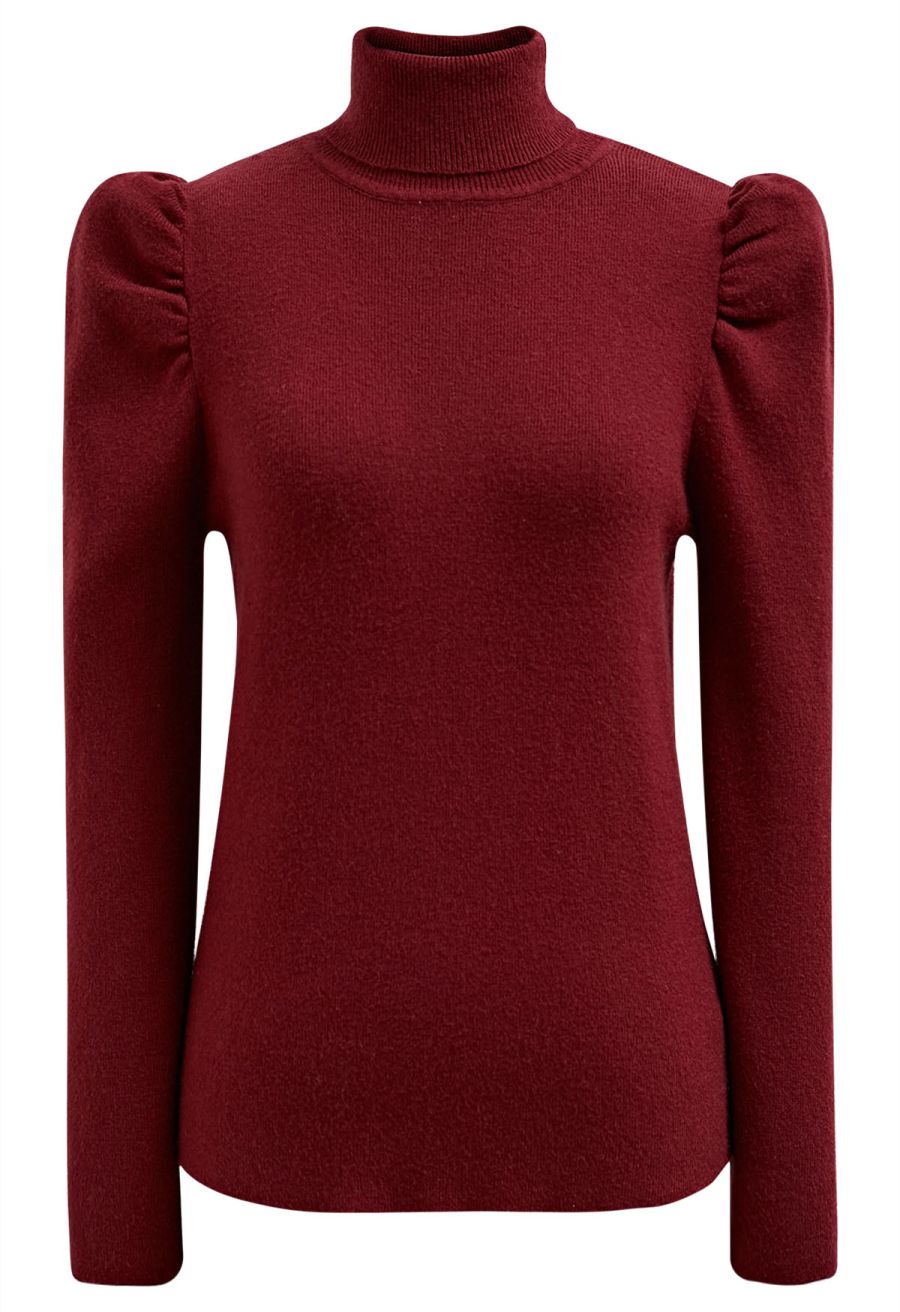 Turtleneck Gigot Sleeve Knit Top in Burgundy