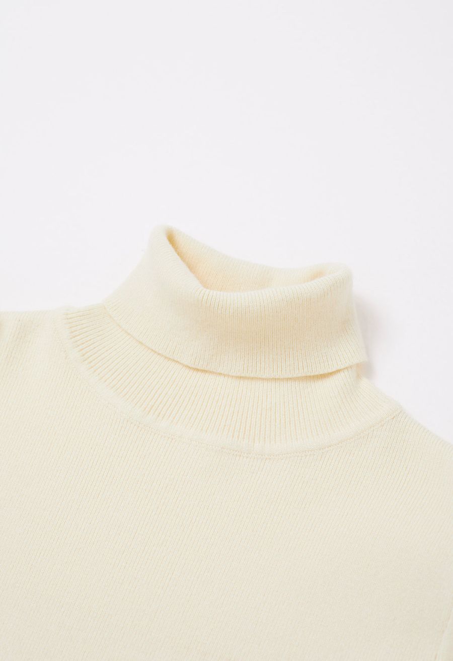 Turtleneck Gigot Sleeve Knit Top in Cream