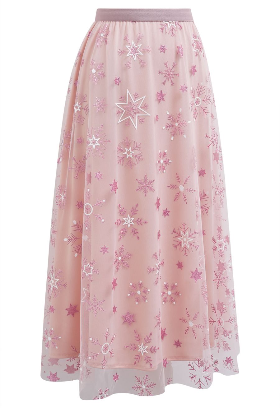 Glitter Star Snowflake Mesh Tulle Midi Skirt in Pink