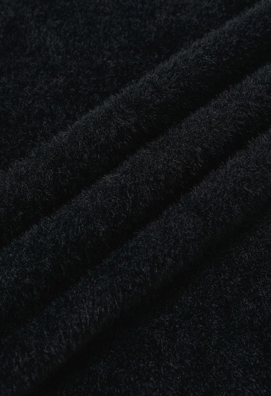 Choker Neck Lace Panel Fuzzy Knit Top in Black