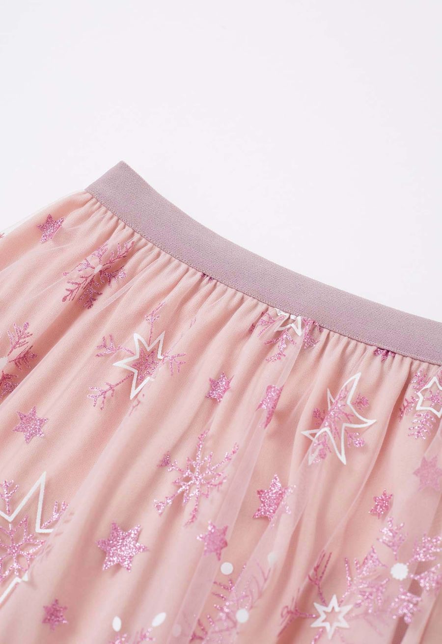 Glitter Star Snowflake Mesh Tulle Midi Skirt in Pink