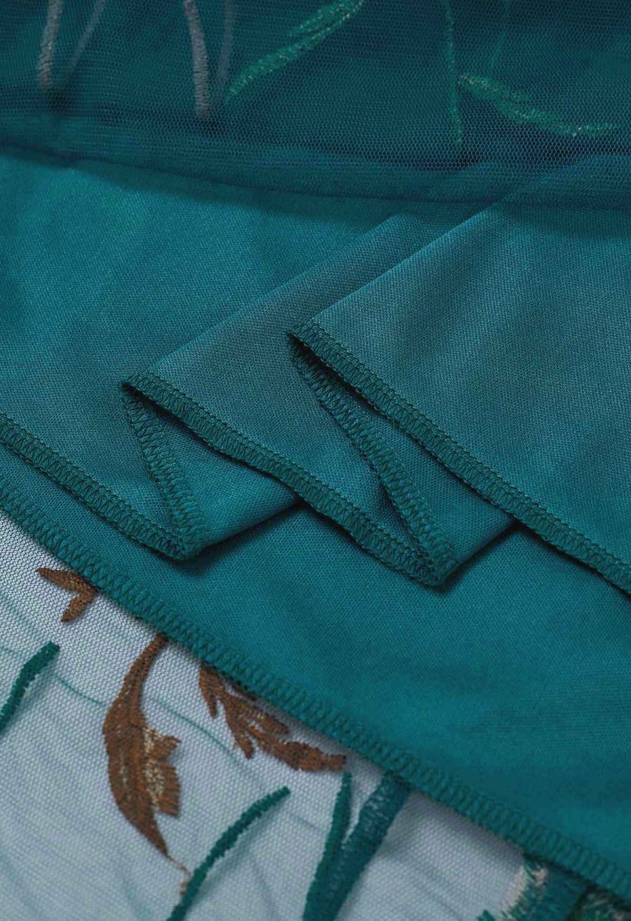 Whimsical Flowers Embroidered Mesh Tulle Midi Skirt in Teal