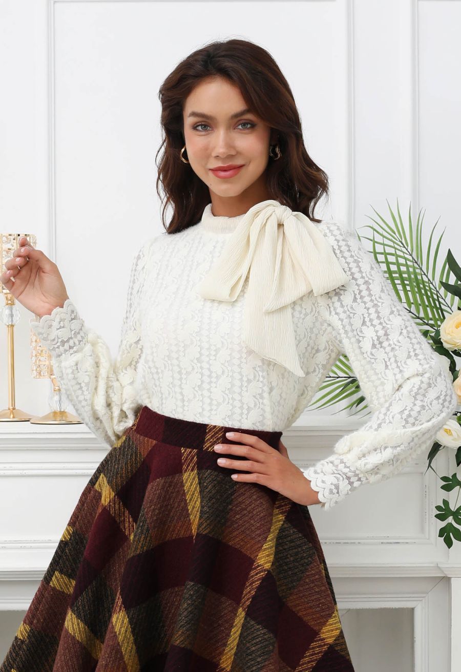 Fuzzy Lace Cutwork Side Bowknot Top