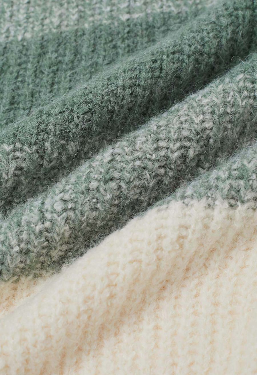 Fuzzy Contrast Stripe Ribbed Knit Sweater in Sage