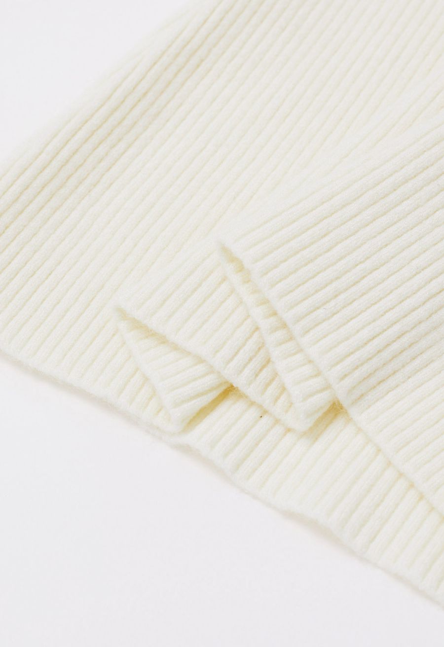 Heart Button Bowknot Ribbed Knit Top in Cream