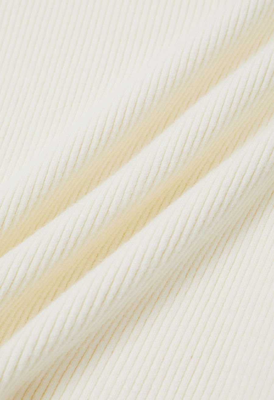 Heart Button Bowknot Ribbed Knit Top in Cream