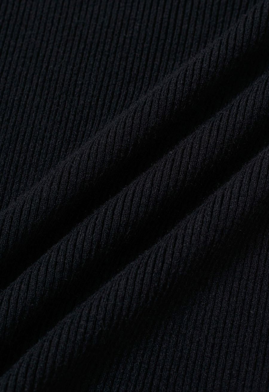 Heart Button Bowknot Ribbed Knit Top in Black