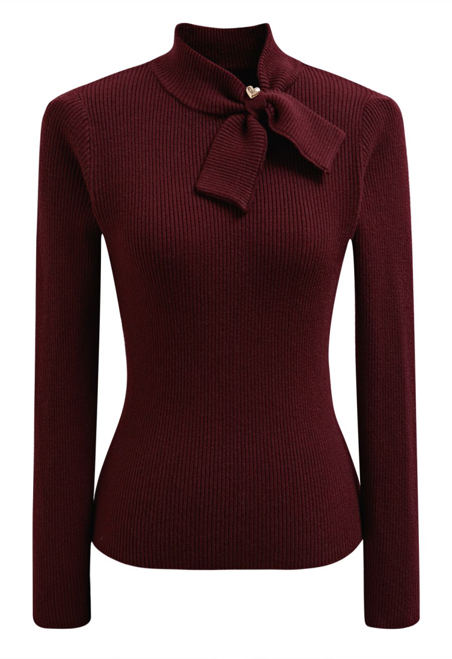 Heart Button Bowknot Ribbed Knit Top in Burgundy