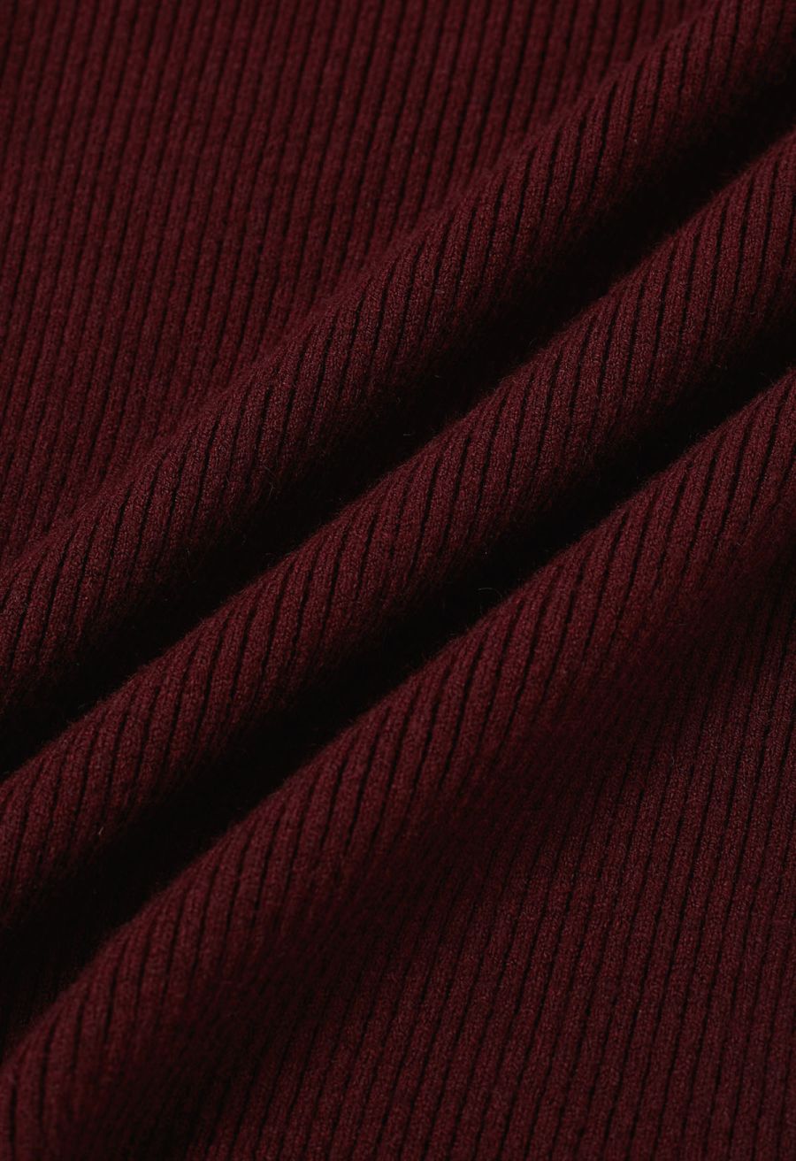 Heart Button Bowknot Ribbed Knit Top in Burgundy