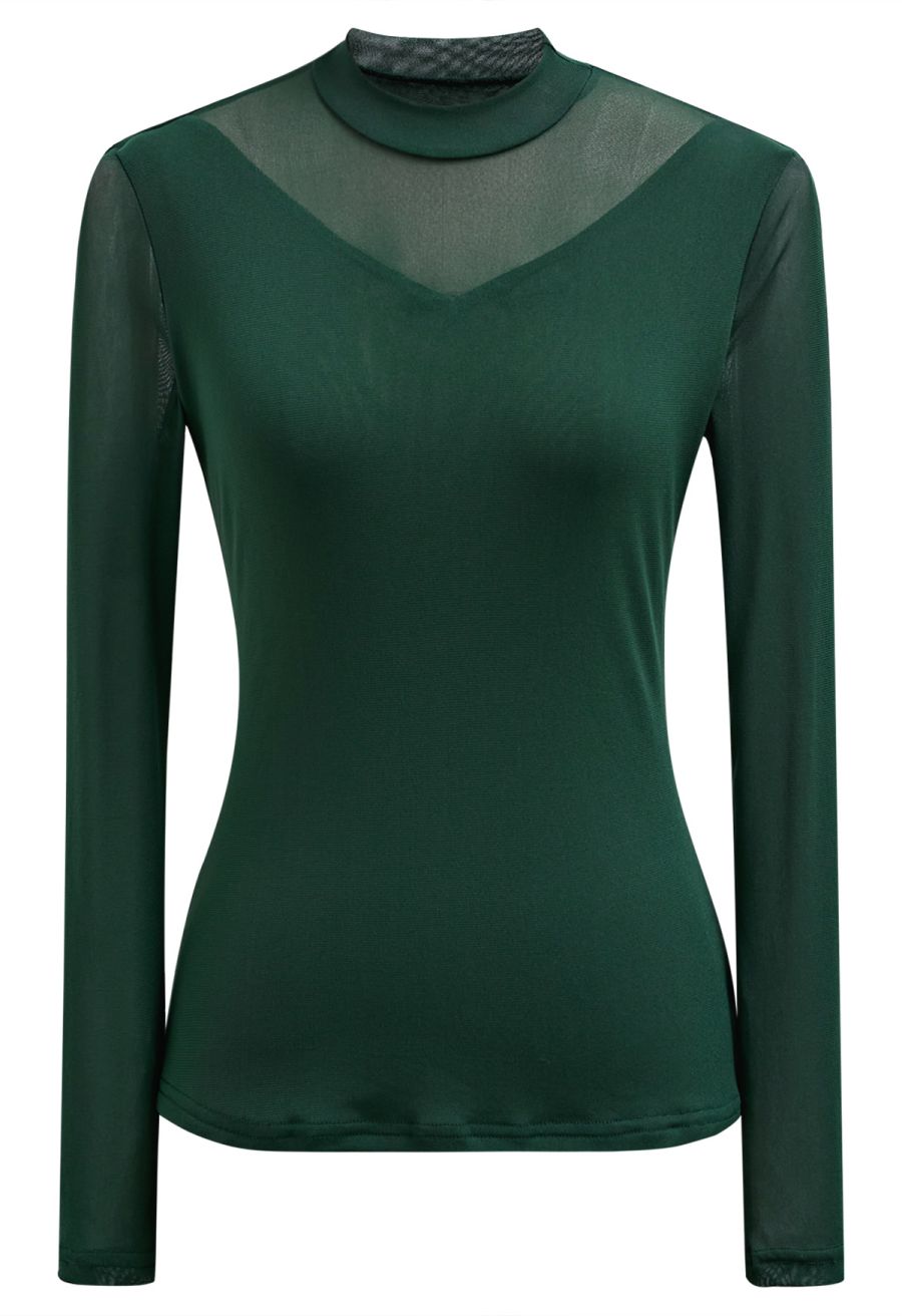 Double-Layered Mesh Spliced Fitted Top in Green