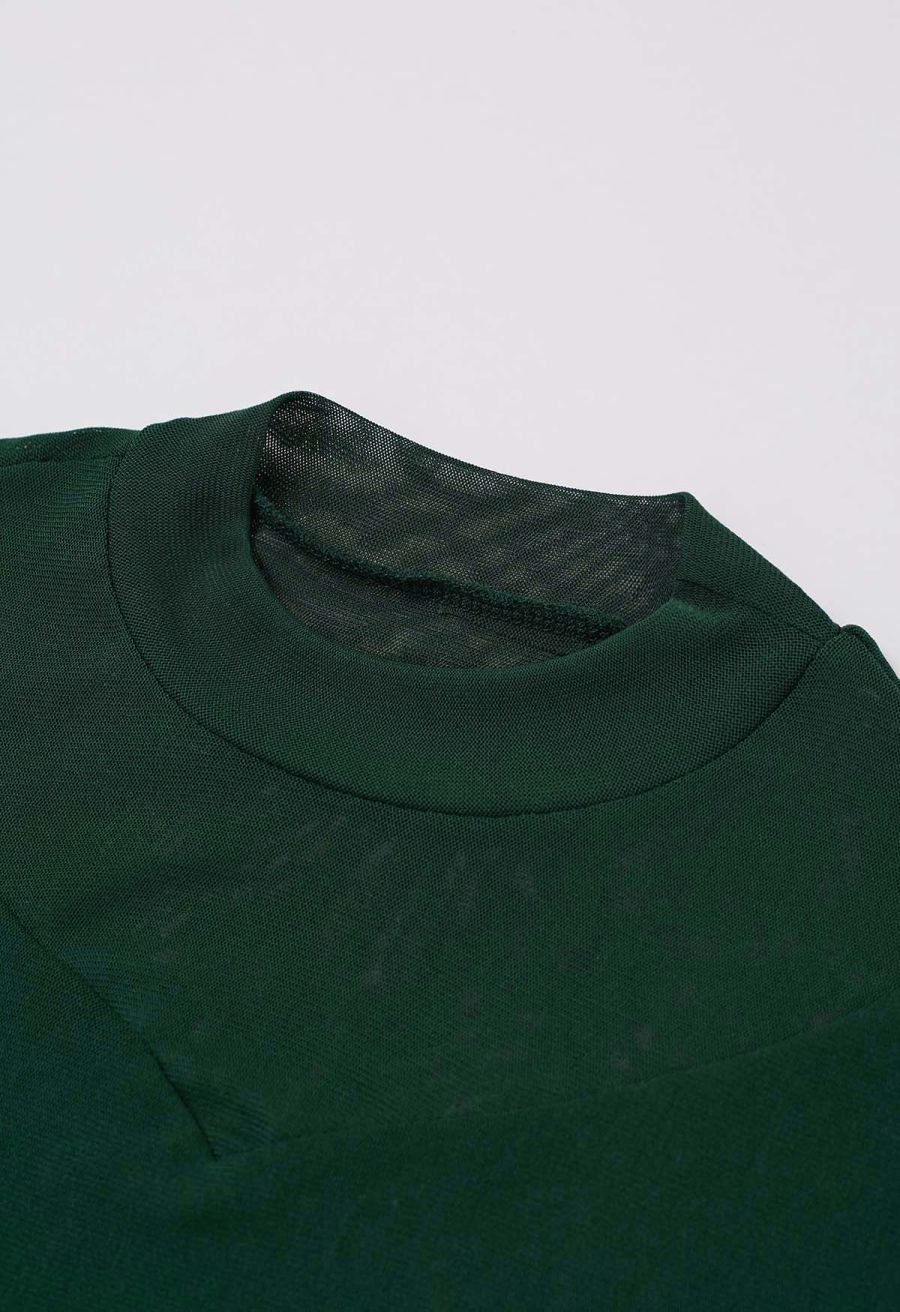 Double-Layered Mesh Spliced Fitted Top in Green
