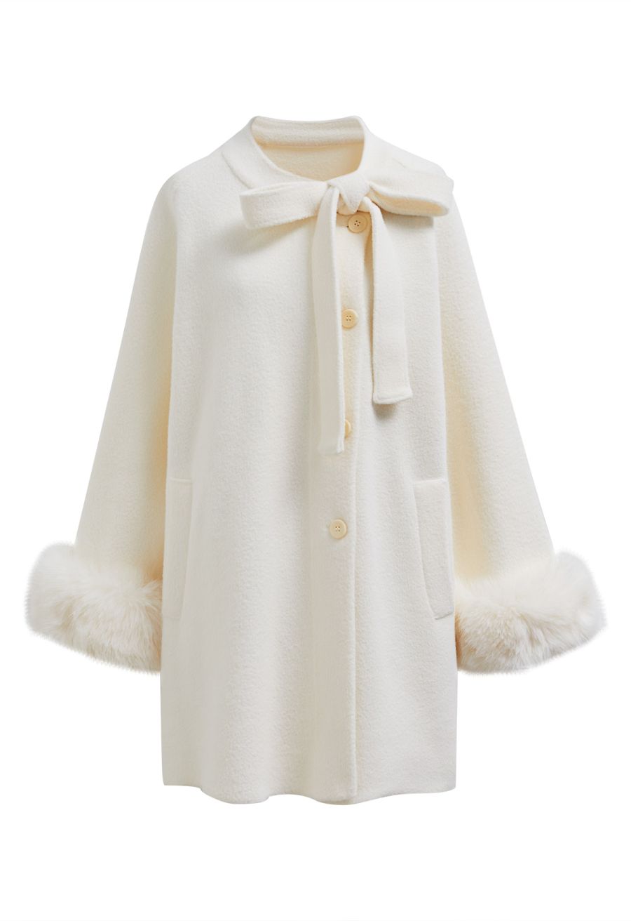 Pretty Bowknot Faux Fur Buttoned Knit Coat in Ivory