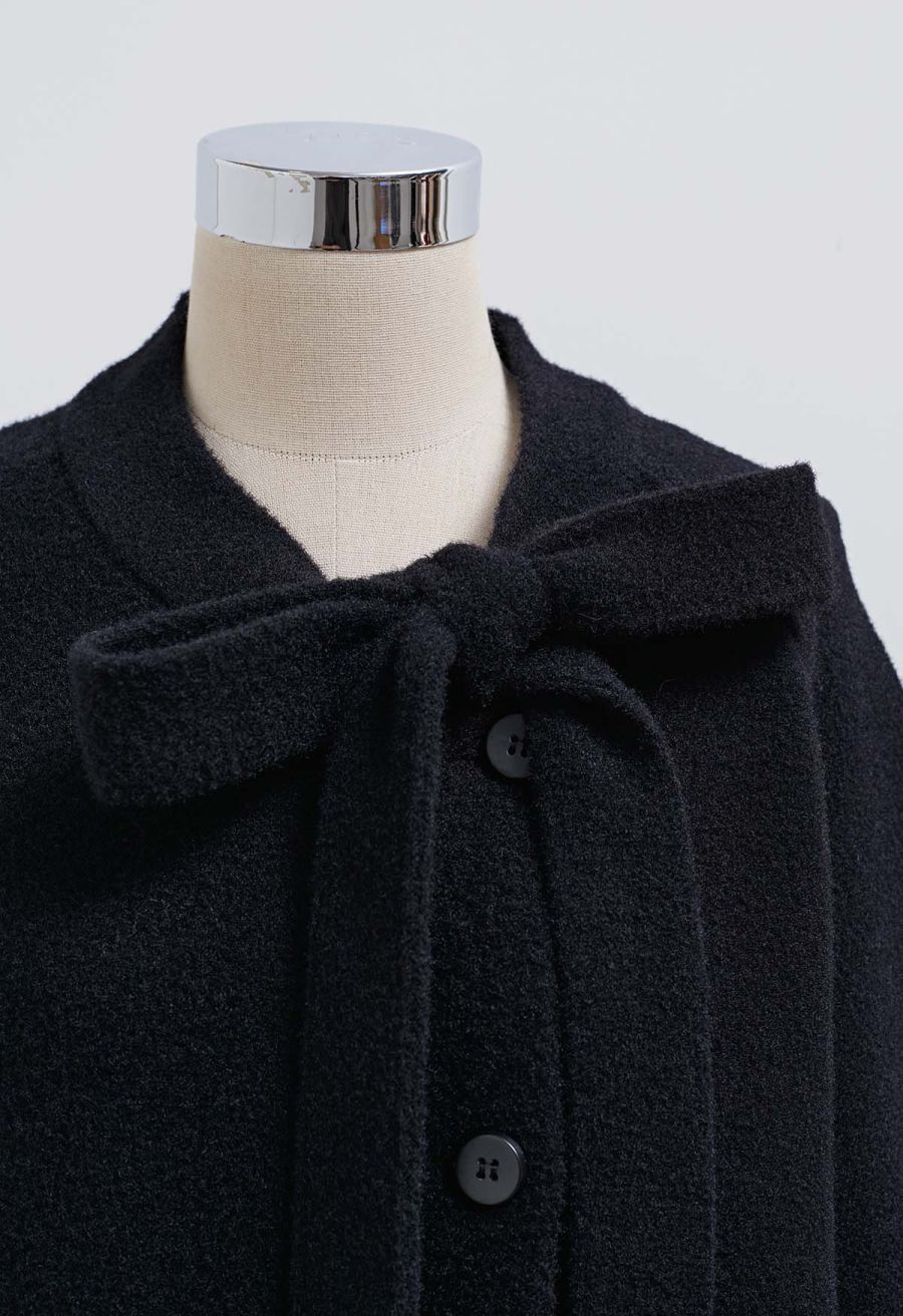 Pretty Bowknot Faux Fur Buttoned Knit Coat in Black