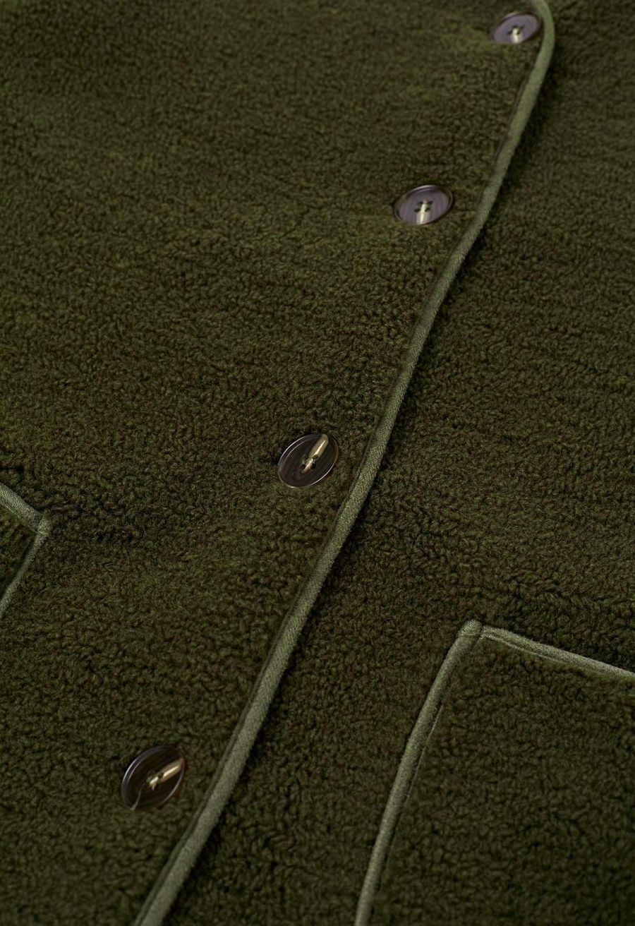 Collarless Button Down Sherpa Longline Coat in Army Green