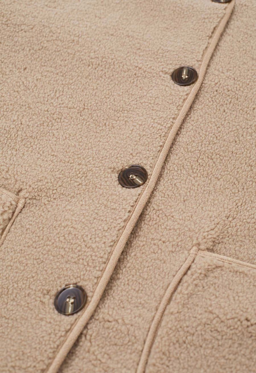 Collarless Button Down Sherpa Longline Coat in Khaki