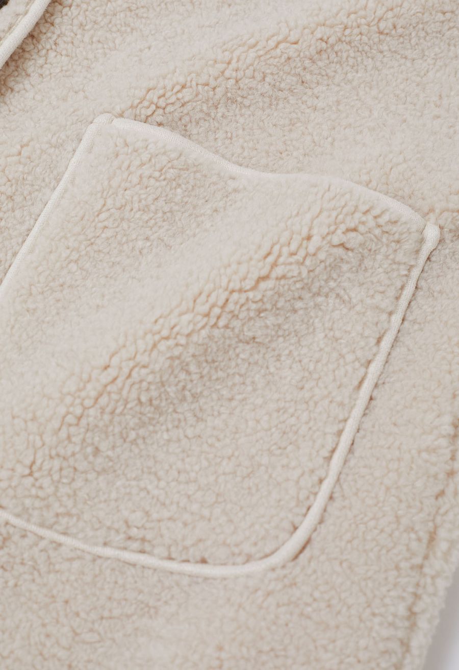 Collarless Button Down Sherpa Longline Coat in Ivory