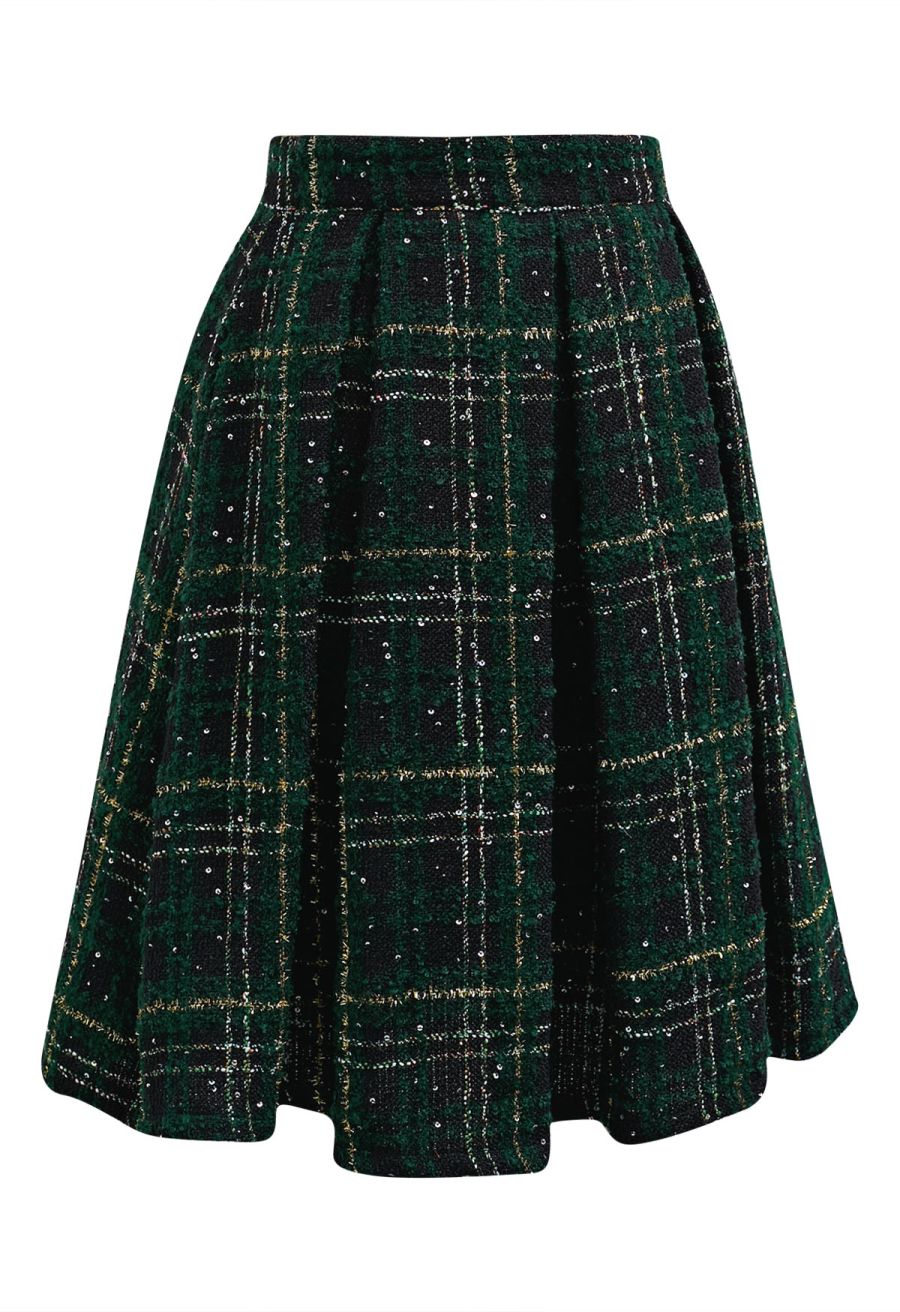 Shining Plaid High Waist Pleated Tweed Skirt in Dark Green
