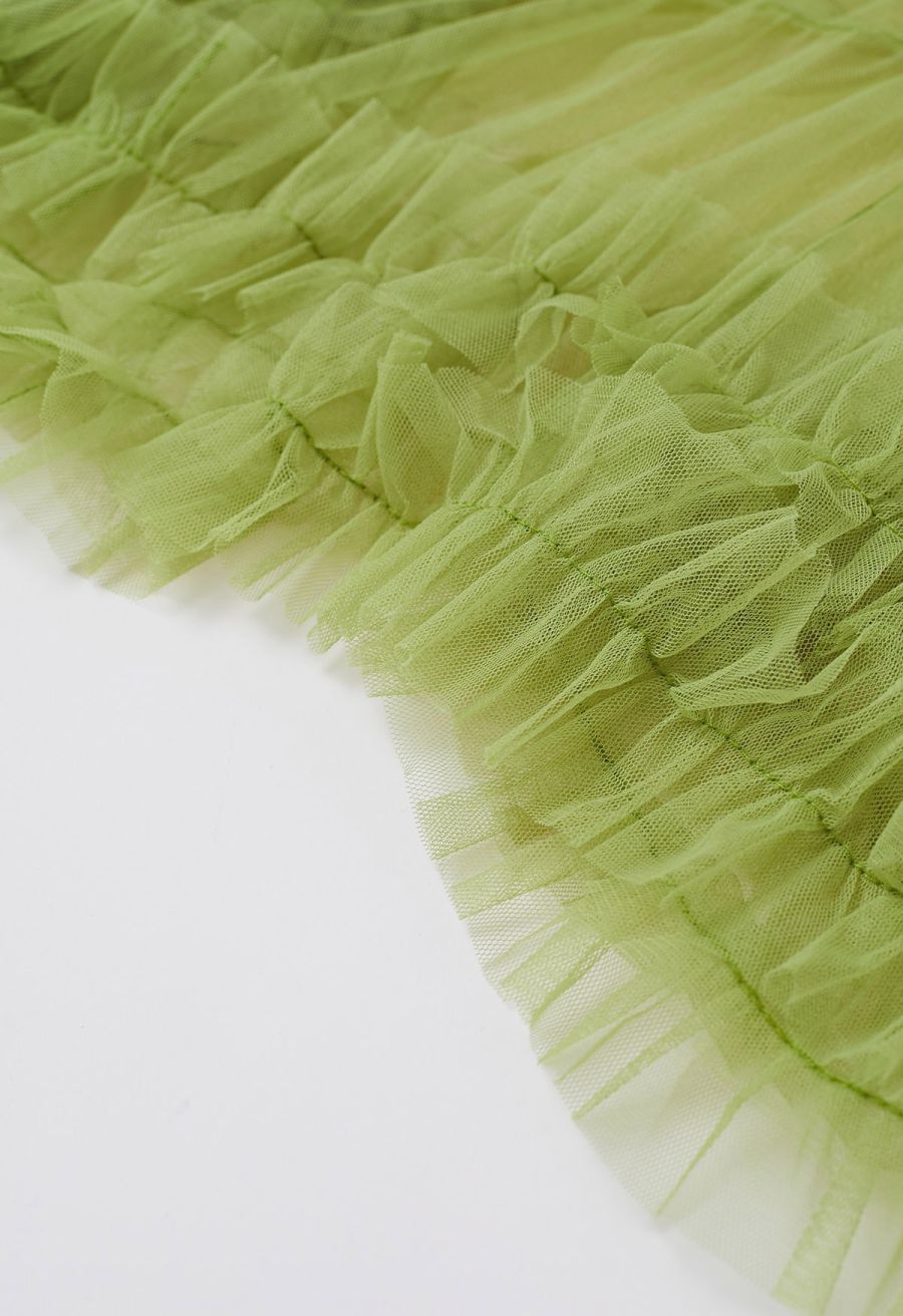 Ruffle Hem Double-Layered Mesh Maxi Skirt in Lime