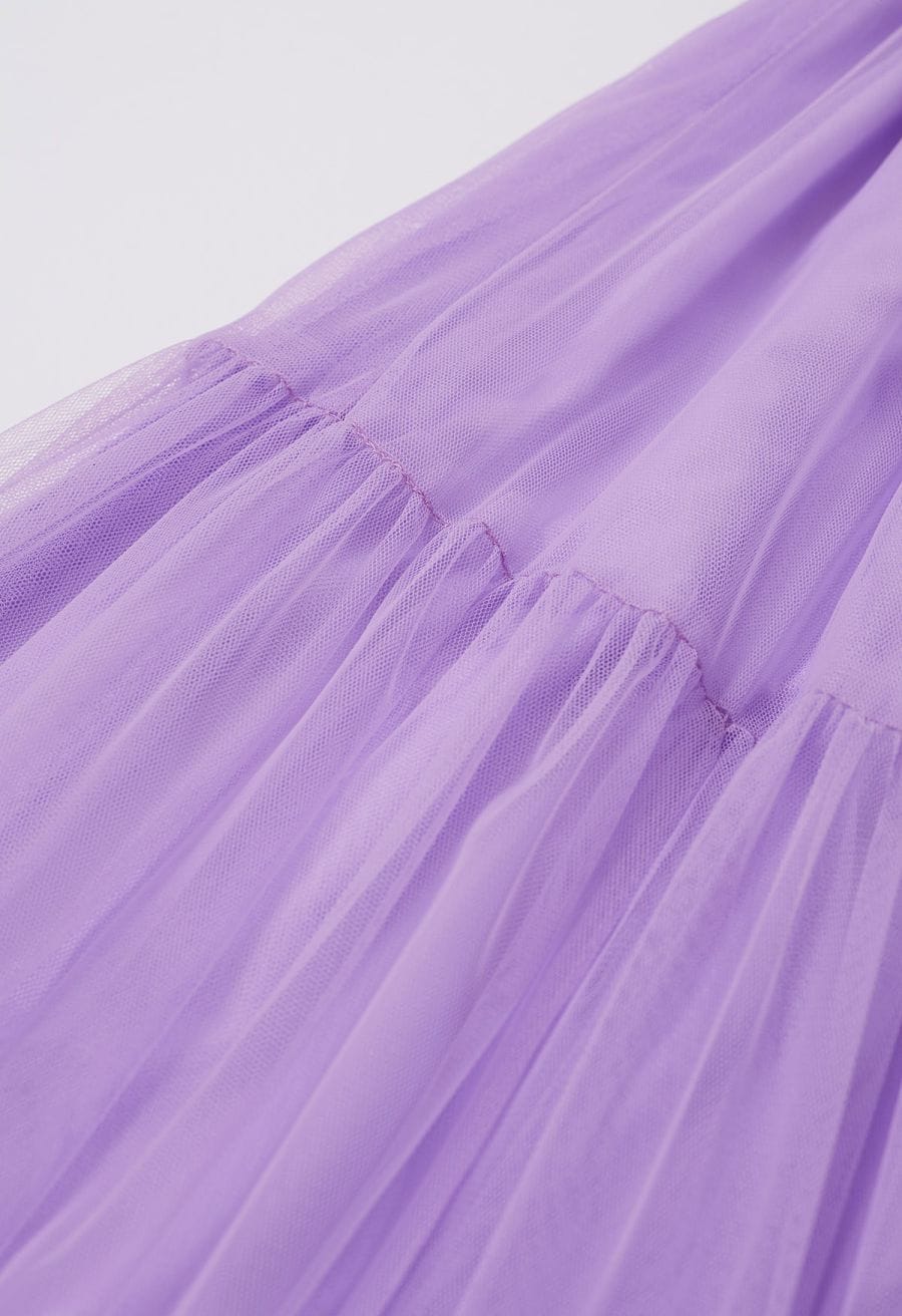 Ruffle Hem Double-Layered Mesh Maxi Skirt in Lilac