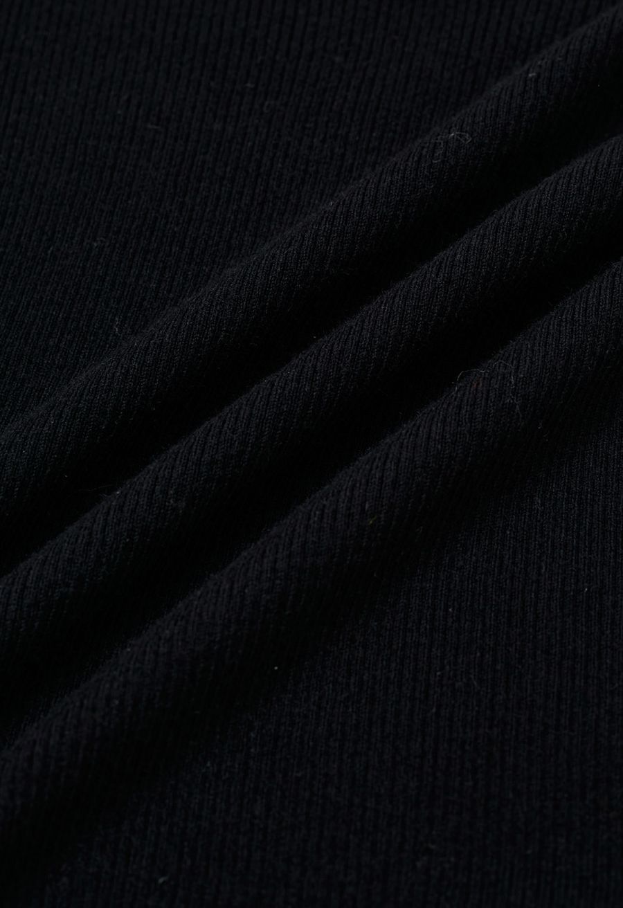 Pearl Decorated Ribbed Knit Top in Black