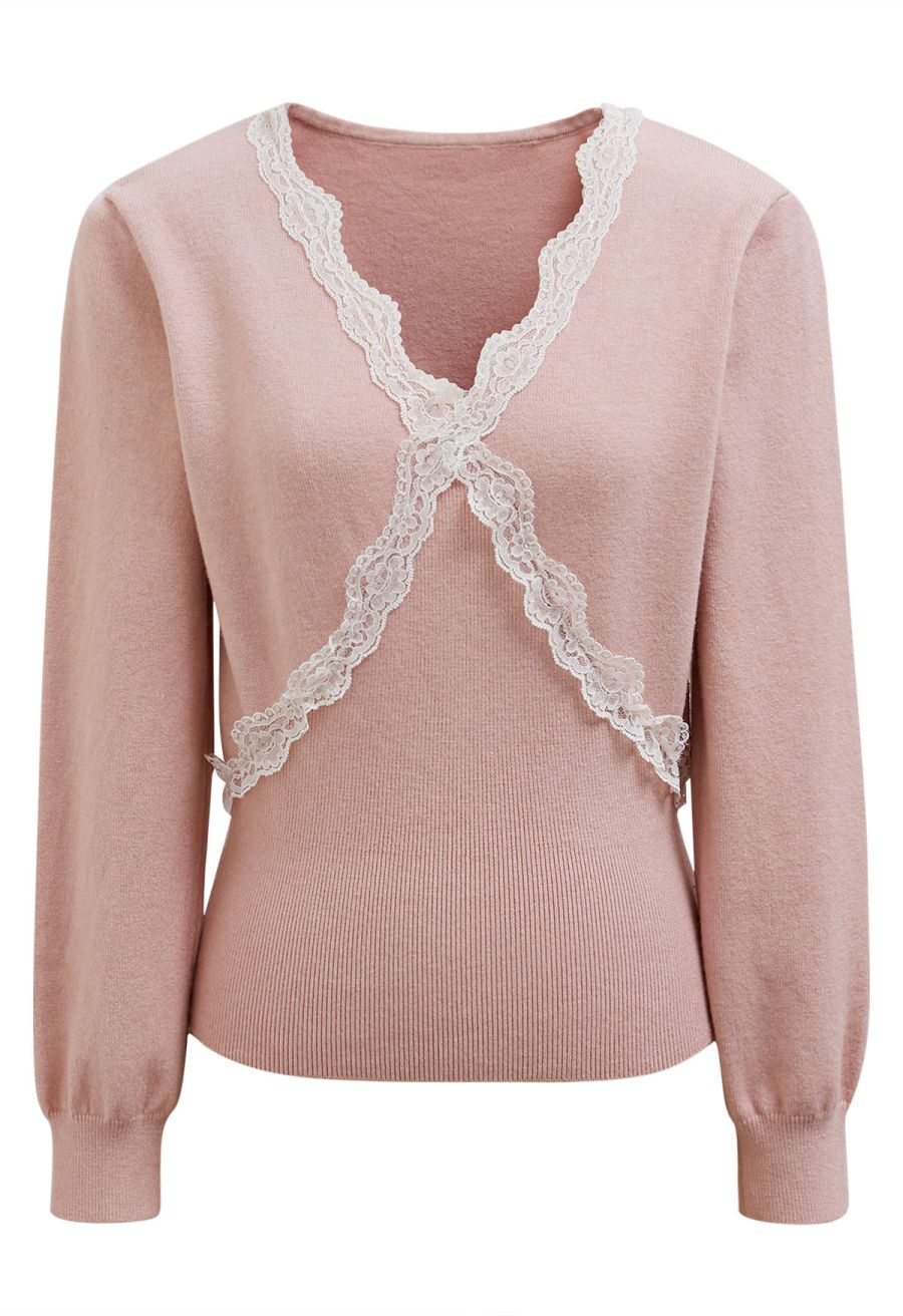 Lace Trim V-Neck Knit Top in Pink