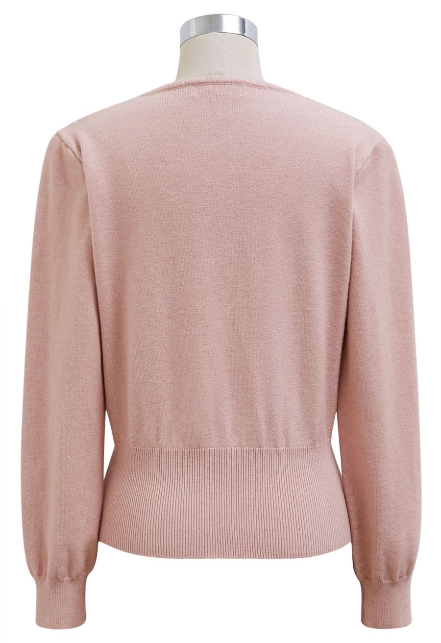 Lace Trim V-Neck Knit Top in Pink