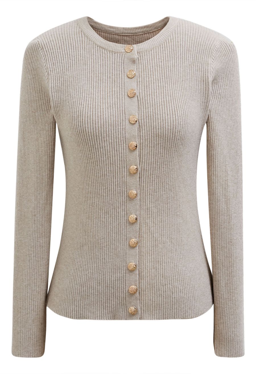 Chic Sense Button-Up Ribbed Knit Cardigan in Oatmeal