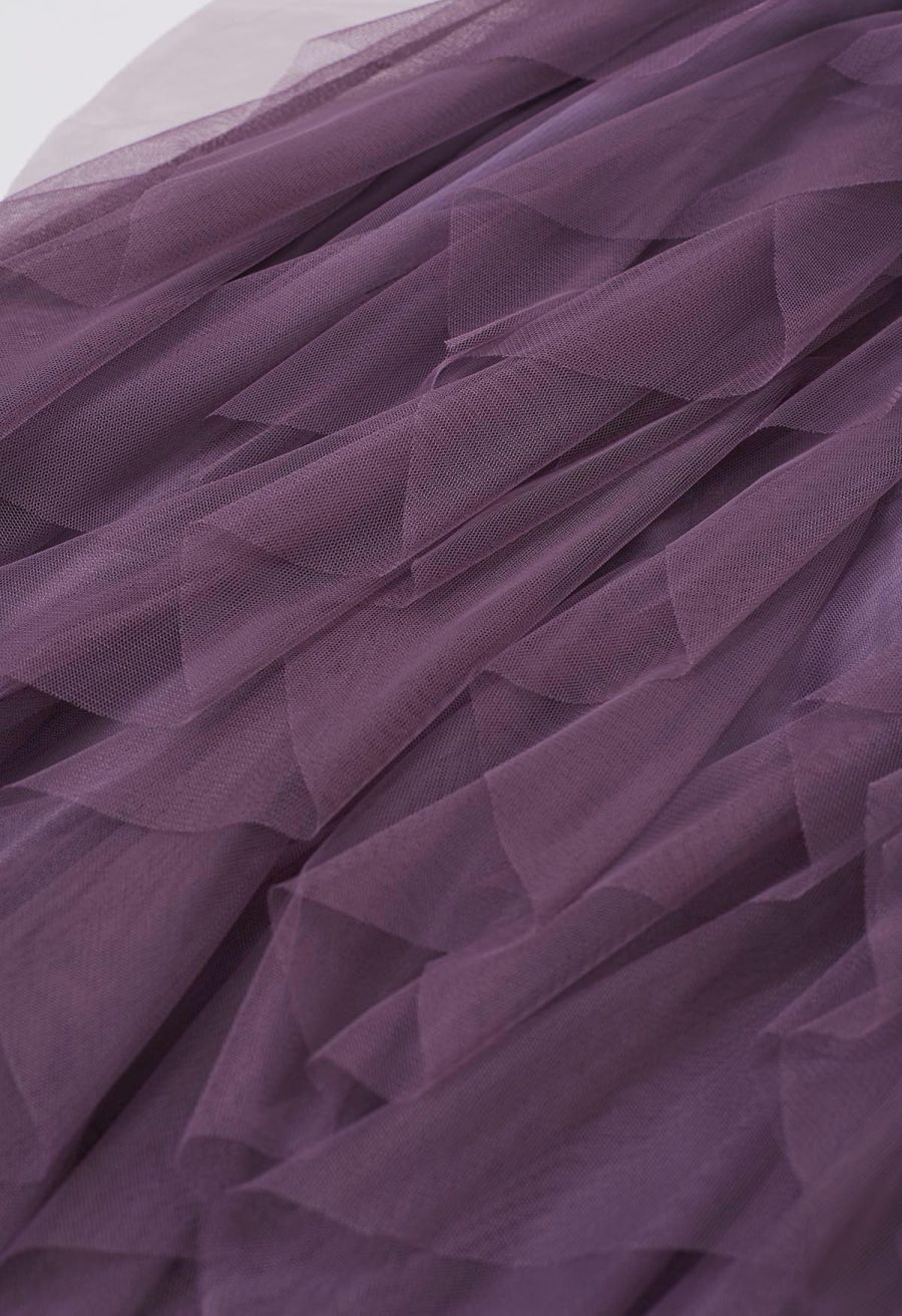 Ruffle Panelled Mesh Tulle Midi Skirt in Purple