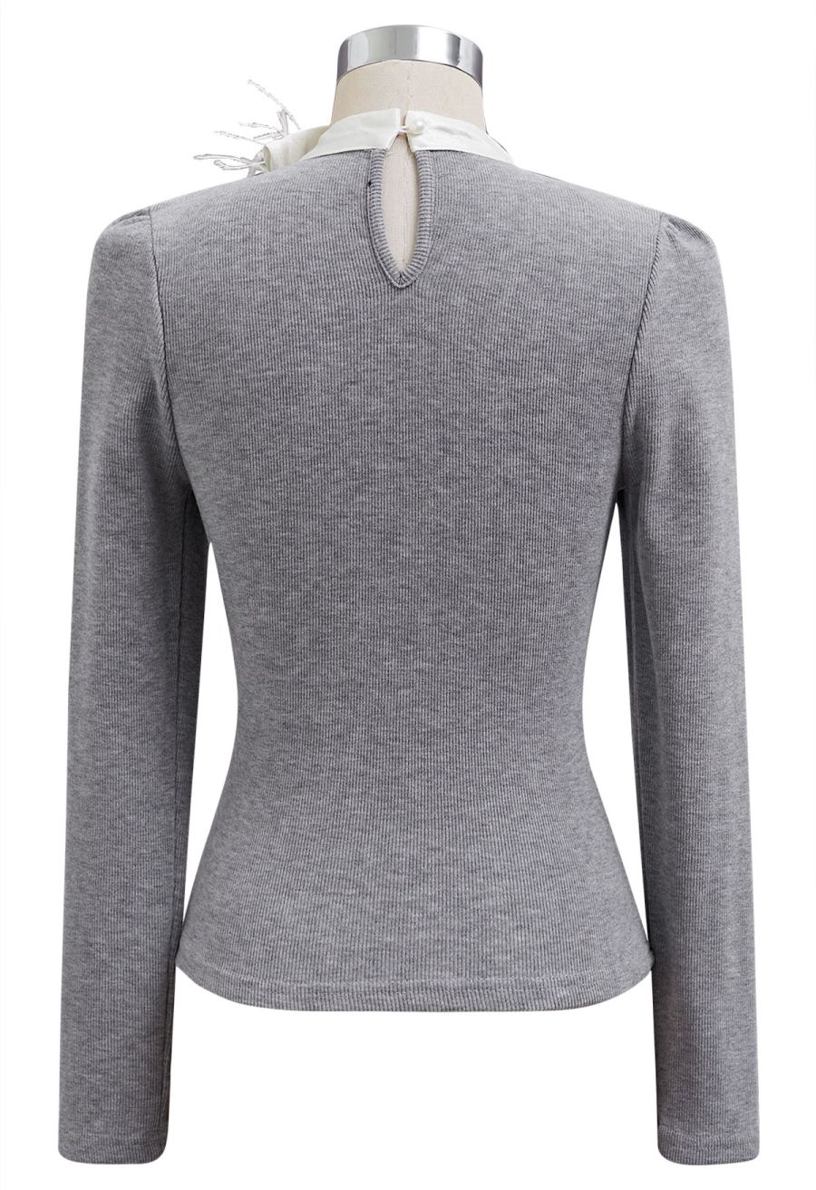 Rose Feather Brooch Ribbed Knit Top in Grey