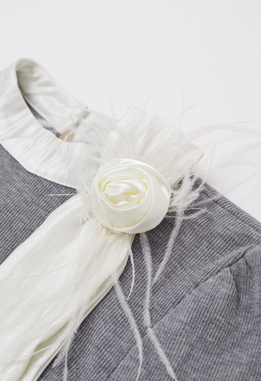 Rose Feather Brooch Ribbed Knit Top in Grey