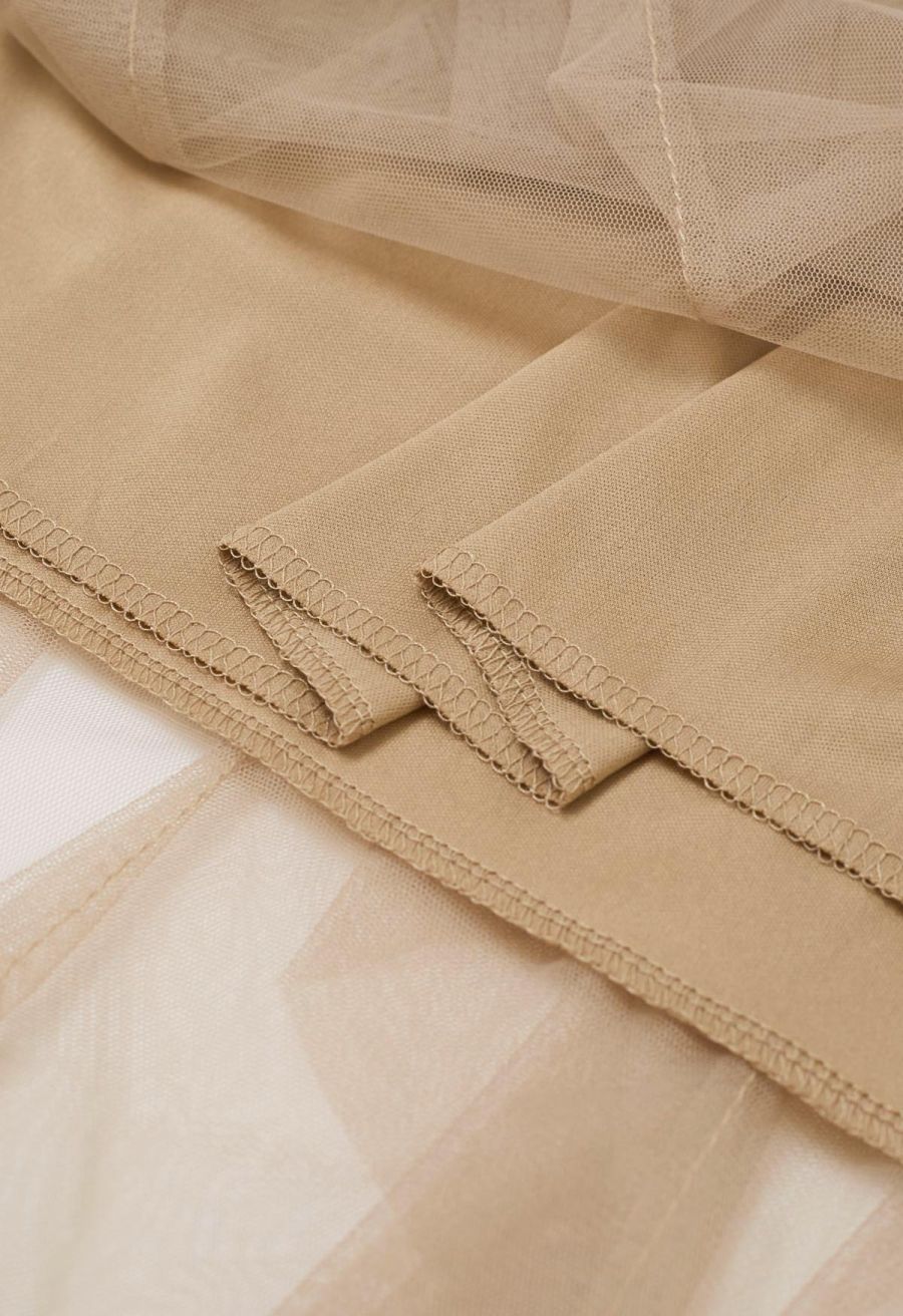 Ruffle Panelled Mesh Tulle Midi Skirt in Light Tan
