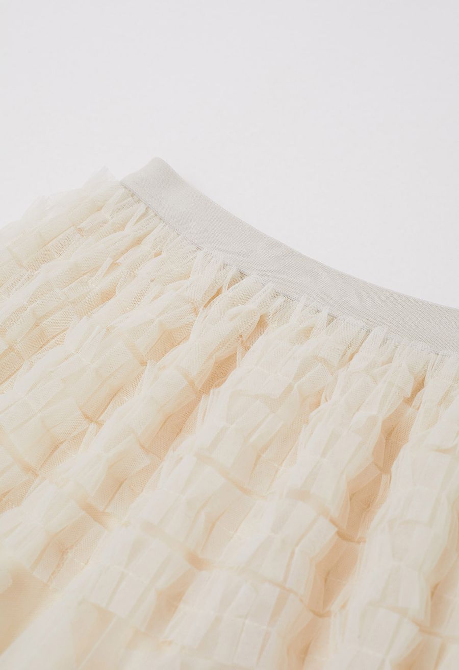 Ruffle Panelled Mesh Tulle Midi Skirt in Ivory