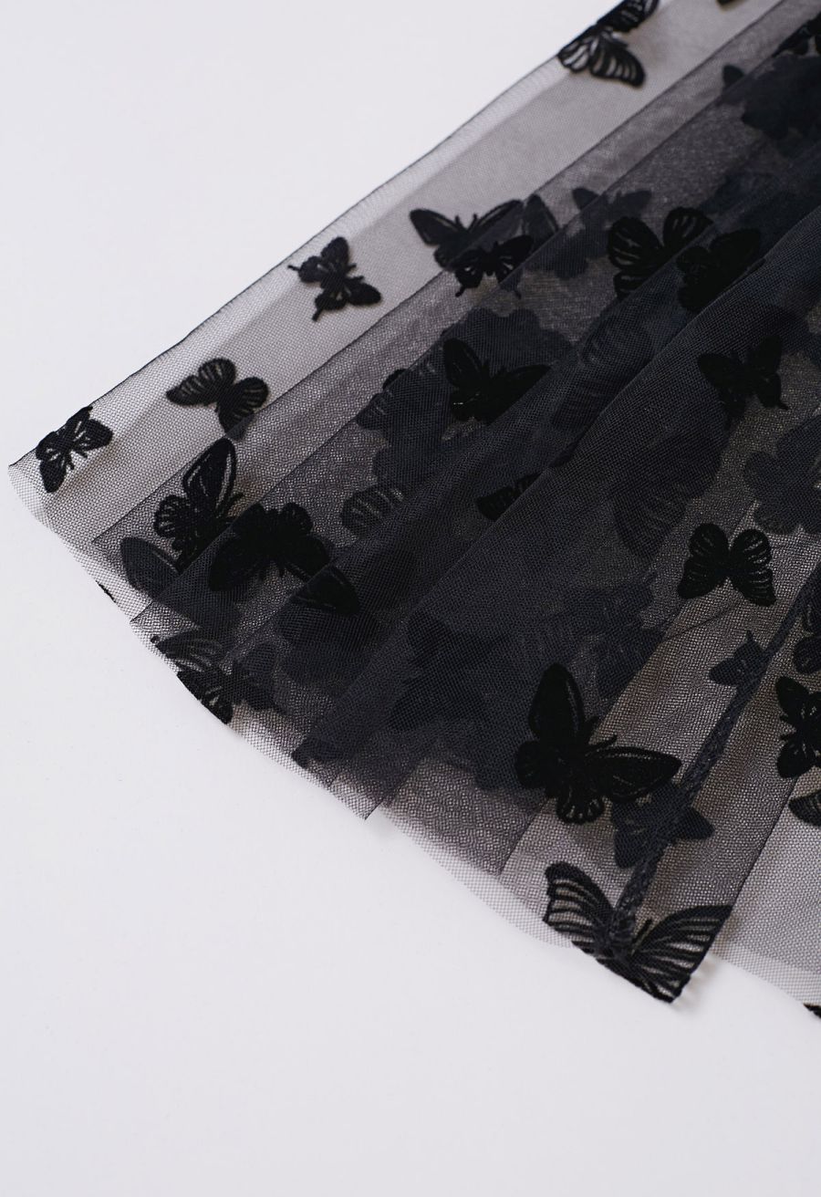 Waltzing Butterfly Mesh Tulle Midi Skirt in Black