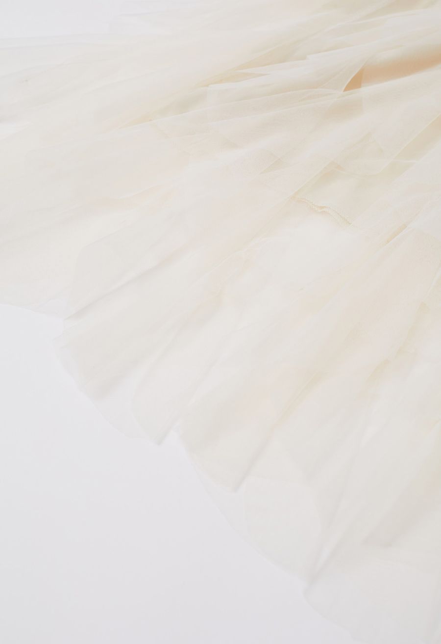Ruffle Panelled Mesh Tulle Midi Skirt in Ivory