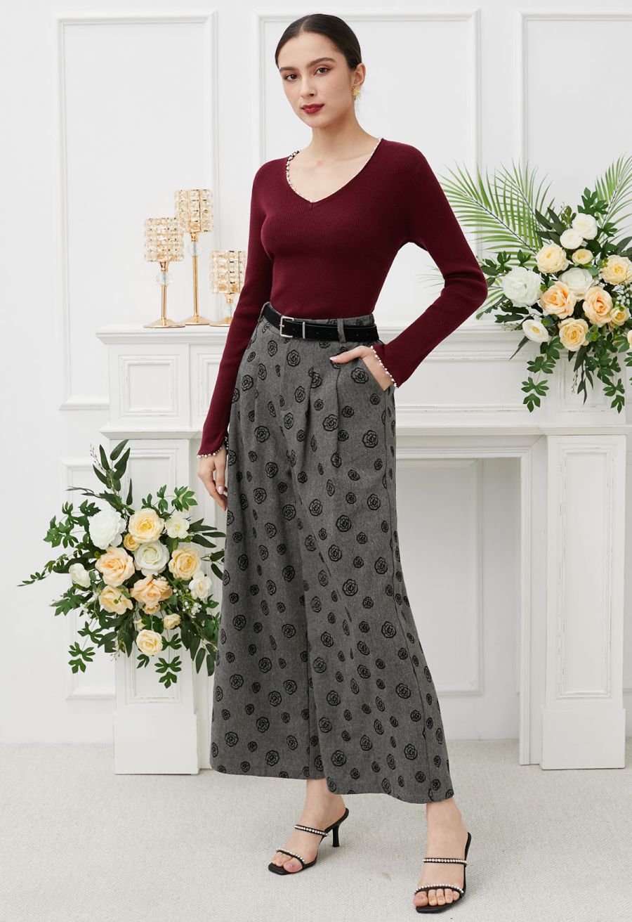 Pearl Decorated Ribbed Knit Top in Burgundy