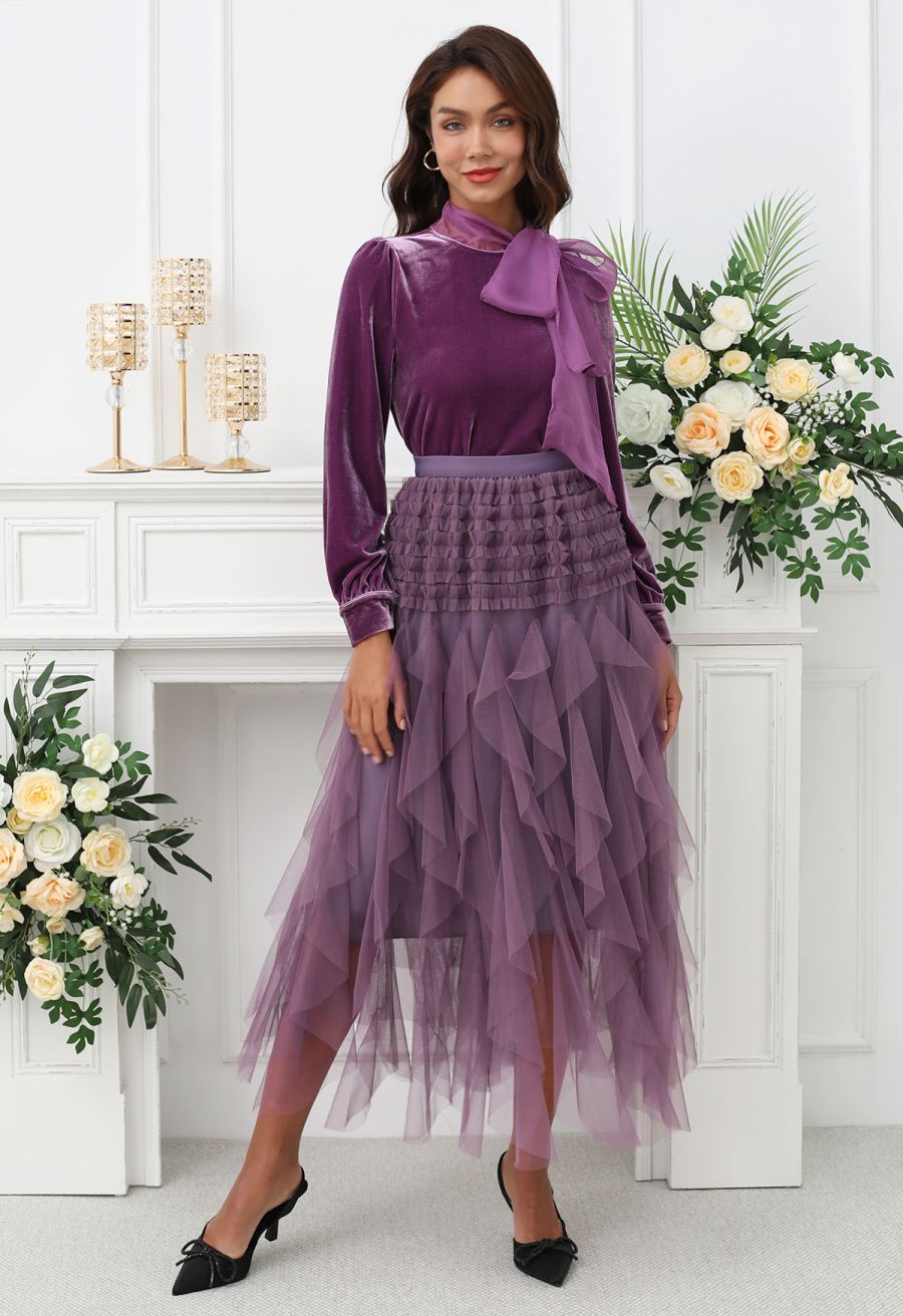 Ruffle Panelled Mesh Tulle Midi Skirt in Purple